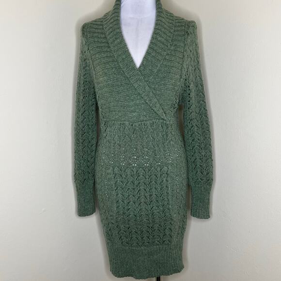 Lily McNeal Sweater Dress MEDIUM Wool Blend Green Shawl Collar Rib Knit Sheath - Picture 1 of 7